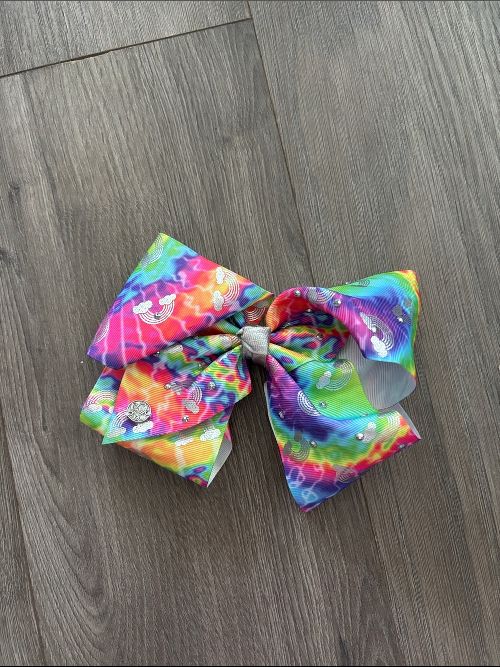 Girls Rainbow Tie-Dye Hair Bow with Silver Accents